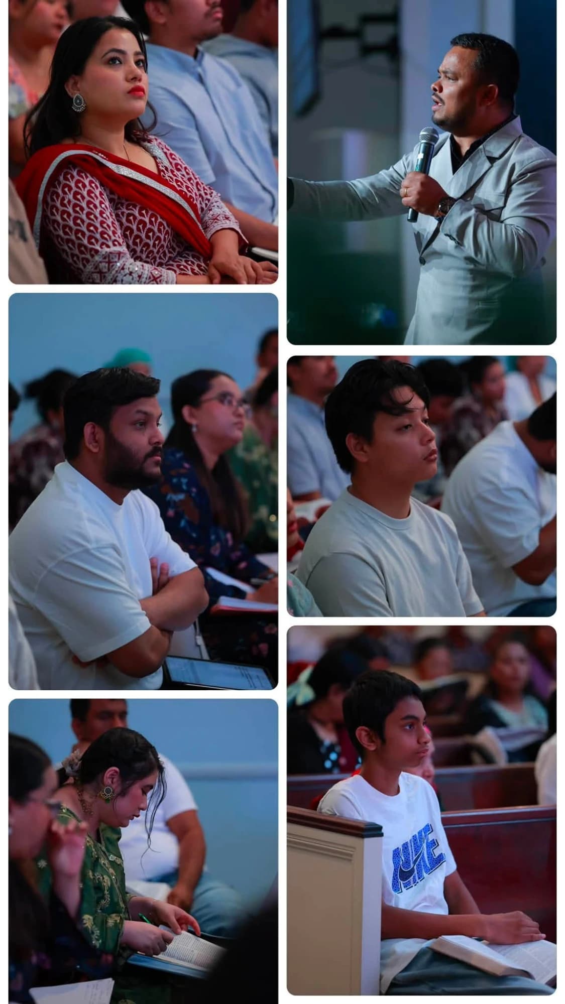 Congregation members attentively listening and studying the Word